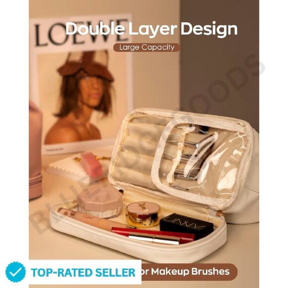 Large Waterproof PU Leather Makeup Bag Double Layer Travel Organizer Chic - Picture 4 of 4